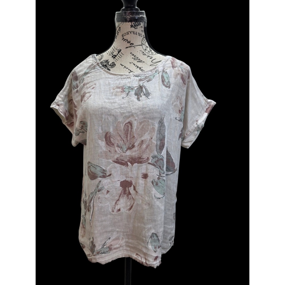 Terzo Millennio 100% Linen Floral Top M Made in Italy Button Back Cottagecore